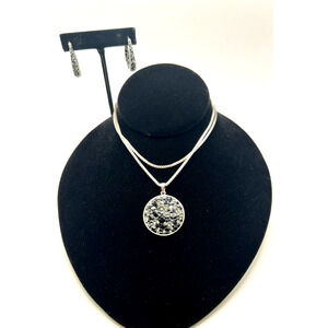 VTG Quartz Druzy Gemstone & Crystal Sterling Silver Necklace & Hoop Earrings Set